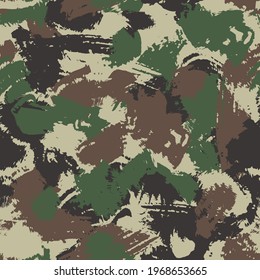 Camouflage seamless pattern. Brushstroke effect. Blots khaki camo, hand drawn texture. Three colors-Olive green, brown, beige. Vector grunge wallpaper