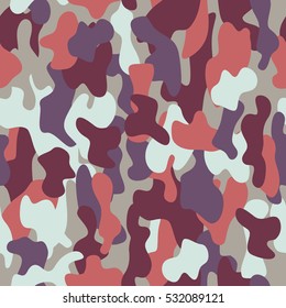 Camouflage seamless pattern in a burgundy, light green and gray colors.