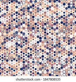 Camouflage seamless pattern with colored hexagonal endless geometric alien camo ornament. Abstract future military style background. Template for fabric and fashion print. Vector illustration