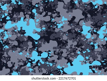 Camouflage seamless pattern with colorful splash drops ornament. Abstract modern endless chaotic camo texture for fabric and fashion print. Vector background.