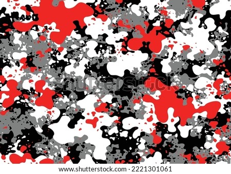 Camouflage seamless pattern with colorful splash drops ornament. Abstract modern endless chaotic camo texture for fabric and fashion print. Vector background.