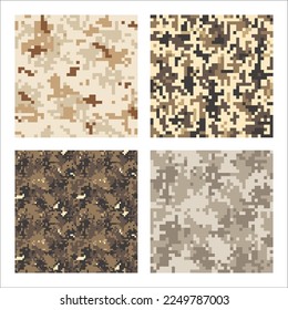 Camouflage seamless pattern. Comparison of different types of camo. Khaki sand digital pixel tiles. Desert military textile. Uniform for soldiers. Multicolor militaristic wallpaper vector illustration