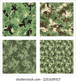 Camouflage seamless pattern. Comparison of different types of camo. Khaki digital pixel tiles. Woodland military textile. Uniform for soldiers. Multicolor militaristic wallpaper vector illustration.