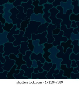 Camouflage seamless pattern. Dark blue, black doodle spot stain. Camouflage pattern for military clothes, textile, army fabric, packaging, backgrounds, applications, textures. Stock vector picture.