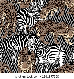 Camouflage Seamless pattern. Different wild Zebras and Leopards on a geometric background. Textile composition, hand drawn style print. Vector illustration.