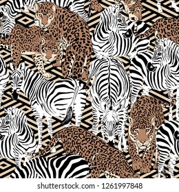 Camouflage Seamless pattern. Different wild Zebras and Leopards on a geometric background. Textile composition, hand drawn style print. Vector illustration.