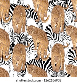 Camouflage Seamless pattern. Different wild Zebras and gold Leopards. Textile composition, hand drawn style print. Vector illustration.