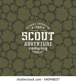 Camouflage seamless pattern and emblem for t-shirt. Print on black  texture background