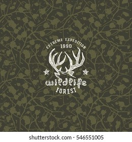 Camouflage seamless pattern and emblem for t-shirt. Print on black  texture background