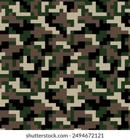 Camouflage seamless pattern for fabric print. digital pixel tiles. Woodland military textile. Modern camo uniform for war soldiers. Multicolor militaristic wallpaper. Vector design.