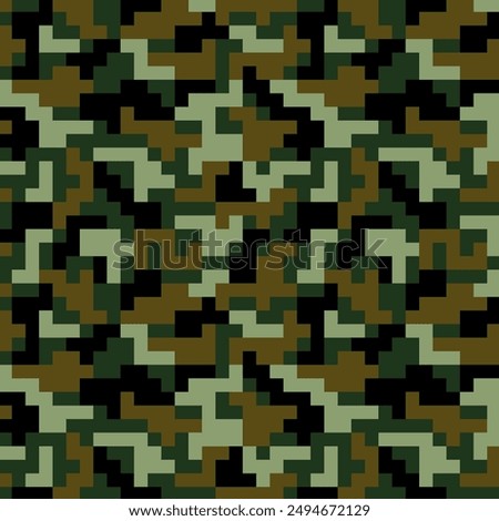 Camouflage seamless pattern for fabric print. digital pixel tiles. Woodland military textile. Modern camo uniform for war soldiers. Multicolor militaristic wallpaper. Vector design.