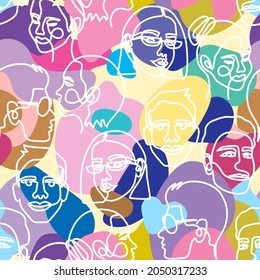 Camouflage seamless pattern with the face of a woman and a man drawn in one line. Seamless background camouflage. Vector illustration