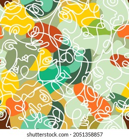 Camouflage seamless pattern with the face of a woman and a man drawn in one line. Seamless background camouflage. Vector illustration