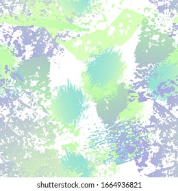 Camouflage Seamless Pattern. Fashion Concept. Distress Print. Blue, Green, Gray Illustration. Graffiti Surface Textile. Ink Stains. Spray Paint. Splash Blots. Artistic Creative Vector Background.
