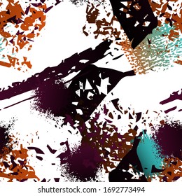 Camouflage Seamless Pattern. Fashion Concept. Distress Print. Ochra, Sepia Illustration. Army Surface Textile. Ink Stains. Spray Paint. Splash Blots. Artistic Creative Vector Background.