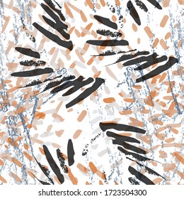 Camouflage Seamless Pattern. Fashion Concept. Distress Print. Black, Gold Illustration. Army Surface Textile. Ink Stains. Spray Paint. Splash Blots. Artistic Creative Vector Background.