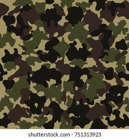 Camouflage seamless pattern. Fashion design for masking, military style. Green, brown, black, olive colors background. Vector illustration.