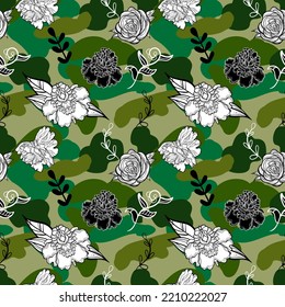Camouflage seamless pattern with flowers. Stop the war concept.  
