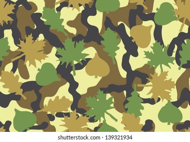 Camouflage seamless pattern. Foliage and branched shapes. Woodland colors. 