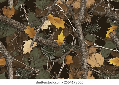 Camouflage seamless pattern. Forest real tree camouflage design. Hunting camouflage. Vector hunting camo texture
