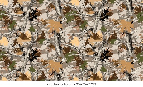 Camouflage seamless pattern. Forest real tree camouflage design. Hunting camouflage. Army hunting camouflage background. Digital camo