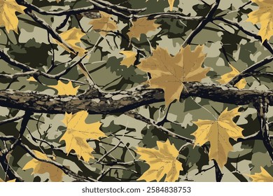 Camouflage seamless pattern. Forest real tree camouflage design. Hunting camouflage.