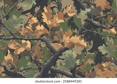 Camouflage seamless pattern. Forest real tree camouflage design. Hunting camouflage.