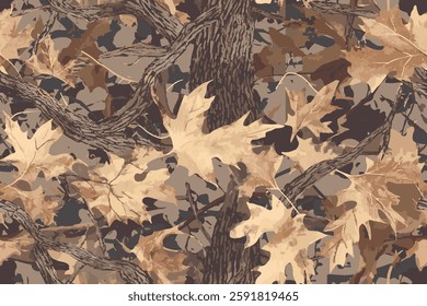 Camouflage seamless pattern. Forest real tree camouflage design. Hunting camouflage.