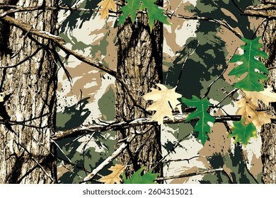 Camouflage seamless pattern. Forest real tree camouflage design. Hunting camouflage.