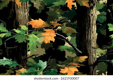 Camouflage seamless pattern. Forest real tree camouflage design. Hunting camouflage.