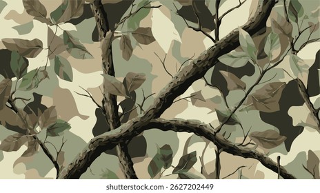 Camouflage seamless pattern. Forest real tree camouflage design. Hunting camouflage.