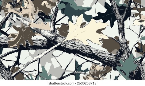 Camouflage seamless pattern. Forest real tree camouflage design. Hunting camouflage. Digital camouflage. Vector camo background. Hunting background. Jungle Texture. Tree seamless pattern