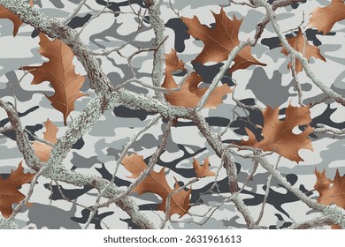 Camouflage seamless pattern. Forest real oak tree camouflage design. Hunting camouflage. Army hunting camouflage background. Digital camo