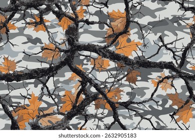 Camouflage seamless pattern. Forest real tree camouflage design. Hunting camouflage. Army hunting camouflage background. Hunting gear