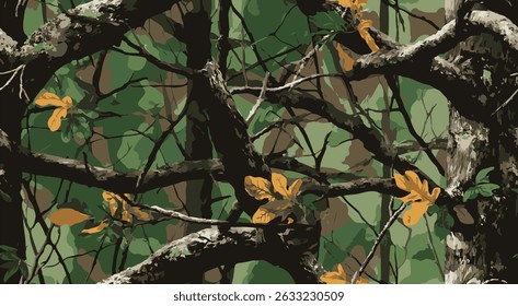 Camouflage seamless pattern. Forest real tree camouflage design. Hunting camouflage.