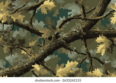 Camouflage seamless pattern. Forest real tree camouflage design. Hunting camouflage.