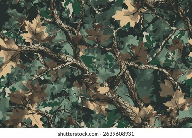Camouflage seamless pattern. Forest real tree camouflage design. Hunting camouflage.