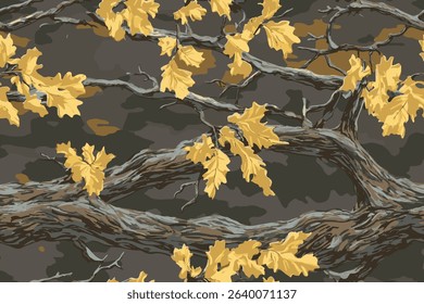Camouflage seamless pattern. Forest real tree camouflage design. Hunting camouflage.