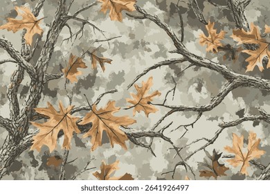Camouflage seamless pattern. Forest real tree camouflage design. Hunting camouflage.