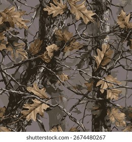 Camuflagem padrão sem emenda. Floresta real projeto de camuflagem de árvore. Caça à camuflagem. Fundo de camuflagem vetorial usando textura de floresta de árvores.