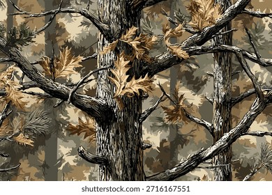 Camuflaje sin patrón. Diseño de camuflaje de árbol real del bosque. Camuflaje de caza.