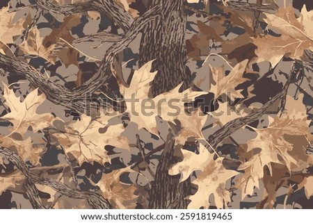 Camouflage seamless pattern. Forest real tree camouflage design. Hunting camouflage.