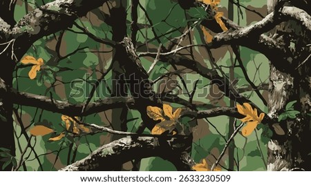 Camouflage seamless pattern. Forest real tree camouflage design. Hunting camouflage.