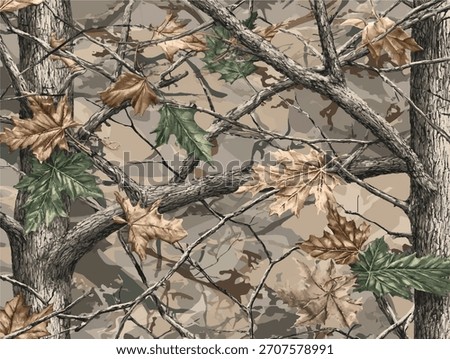 Camouflage seamless pattern. Forest real tree camouflage design. Hunting camouflage. Vector camouflage background