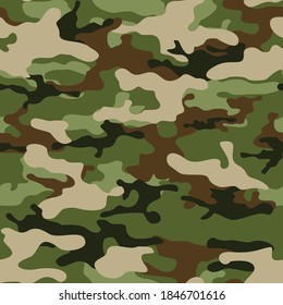 Camouflage seamless pattern of green beige and dark spots. Abstract army background. Military texture. Fabric print.