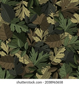 Patrón sin costuras de camuflaje con hojas verdes y marrones de árboles caducifolios. Para enmascarar tela, ropa, etc. Vector