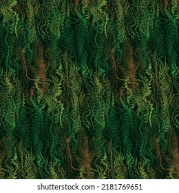 Camouflage seamless pattern. Green forest plants texture on dark background