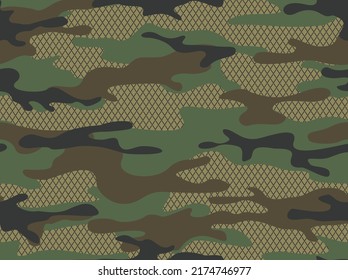 Camouflage seamless pattern with grid. Military endless texture. Abstract camo of spots. Print on fabric and clothing. Vector illustration