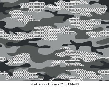 Camouflage nahtloses Muster mit Gitter. Militärische endlose Textur. Abstrakter Kamo von Flecken. Druck auf Stoff und Kleidung. Vektorgrafik