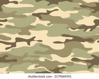 Camouflage seamless pattern with grid. Military endless texture. Abstract camo of spots. Print on fabric and clothing. Vector illustration